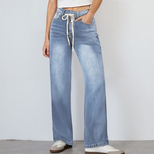 WILLBEST Pantalones Casuales para Mujer, de Pierna Ancha, Cintura Alta, Elásticos, Holgados, con Cordón, de Mezclilla para Uso Diario Cómodo. Grande