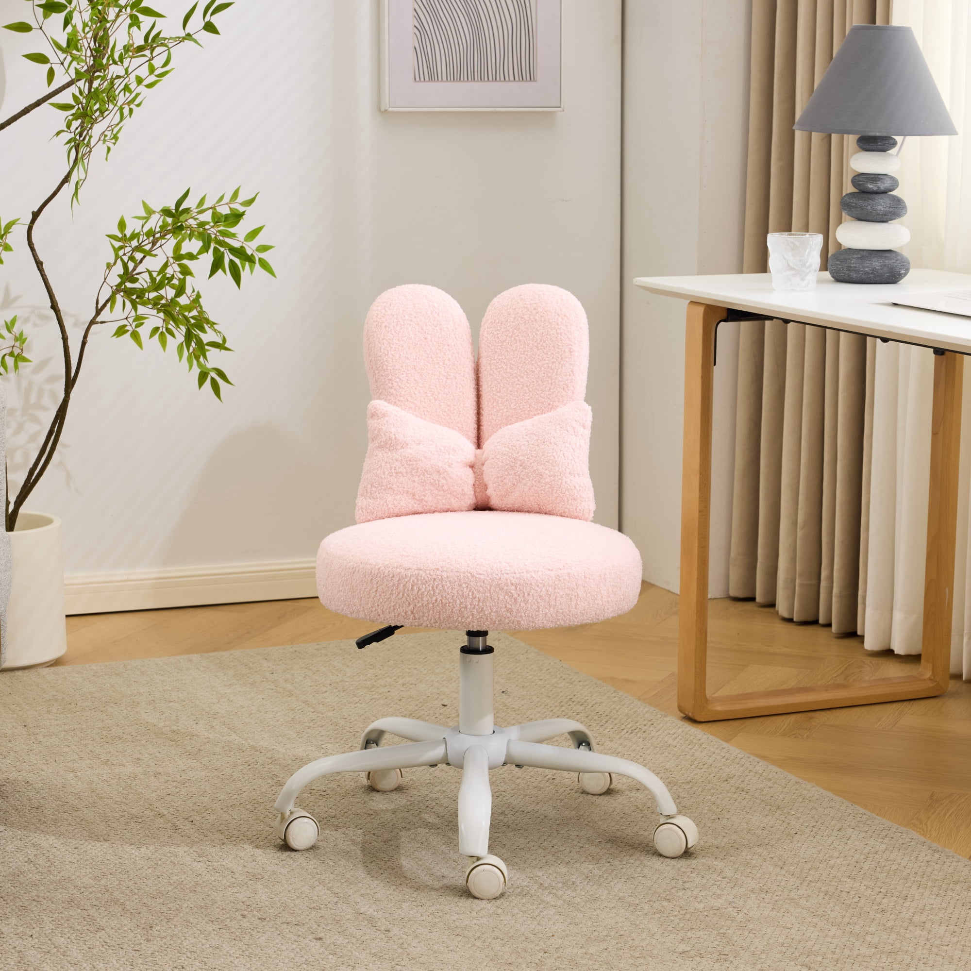 Ktaxon Teddy Fleece Office Chair, Rabbit Ear Backrest Vanity Chair, Adjustable Swivel Reading Chair for Home Office Pink