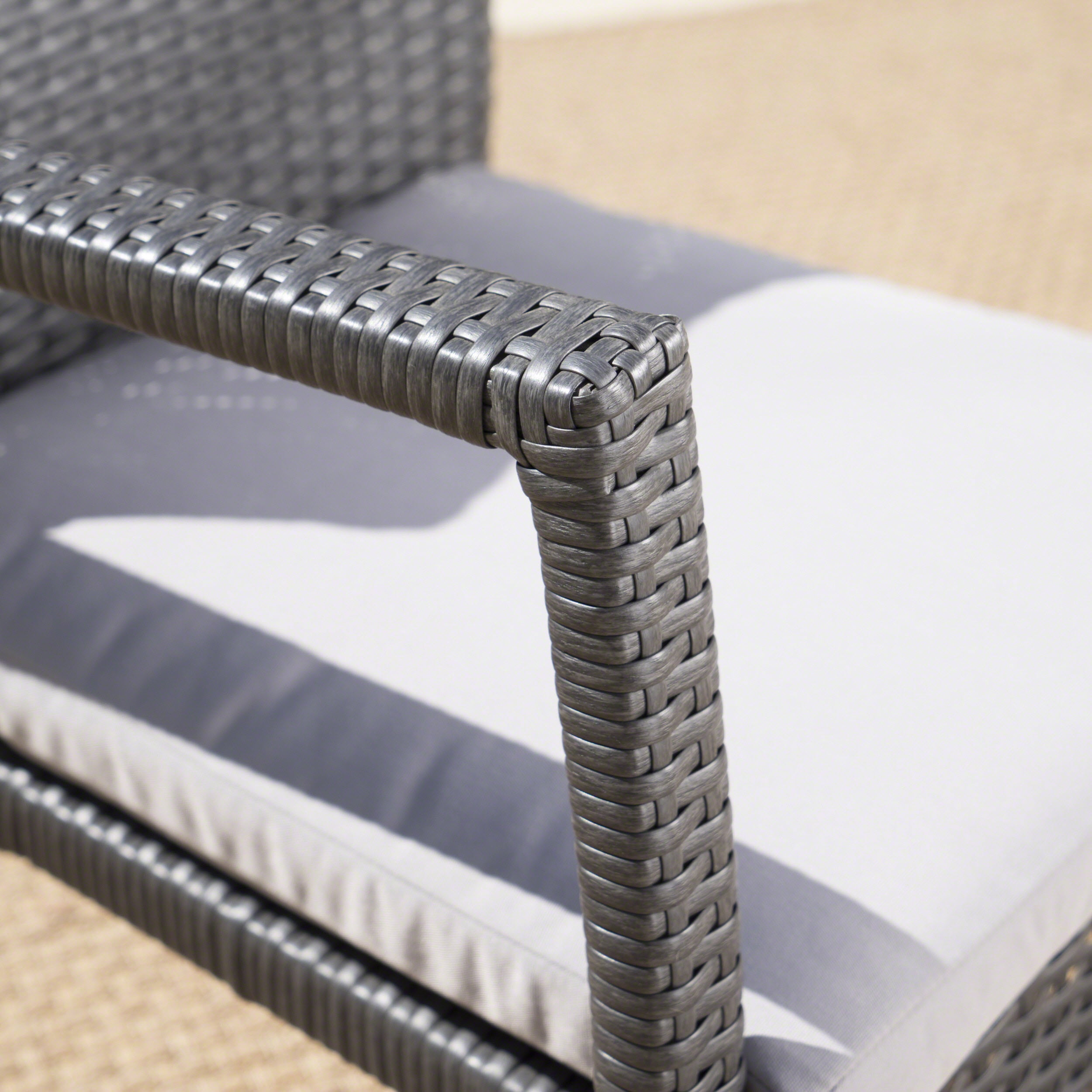 Ariana Outdoor 7 Piece Aluminum Dining Set with Wicker Dining Chairs and Cushions,Grey