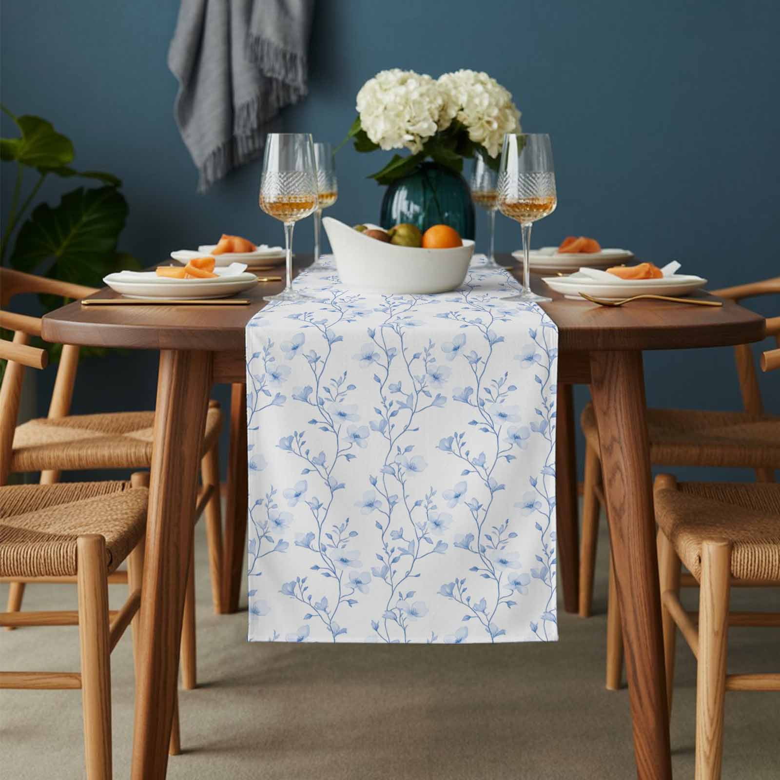 Flowers Table Runner 13x108 inch Branches Cotton Linen Dining Table Runner Ideal for Dresser Kitchen Coffee Tables - Machine Washable