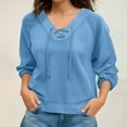thumbnail image 2 of BiZtdJrK Women Lace Up Sweatshirts Long Sleeve V Neck Pullover Tops Solid Basic Casual Fall Fashion Outfits Blue S, 2 of 10