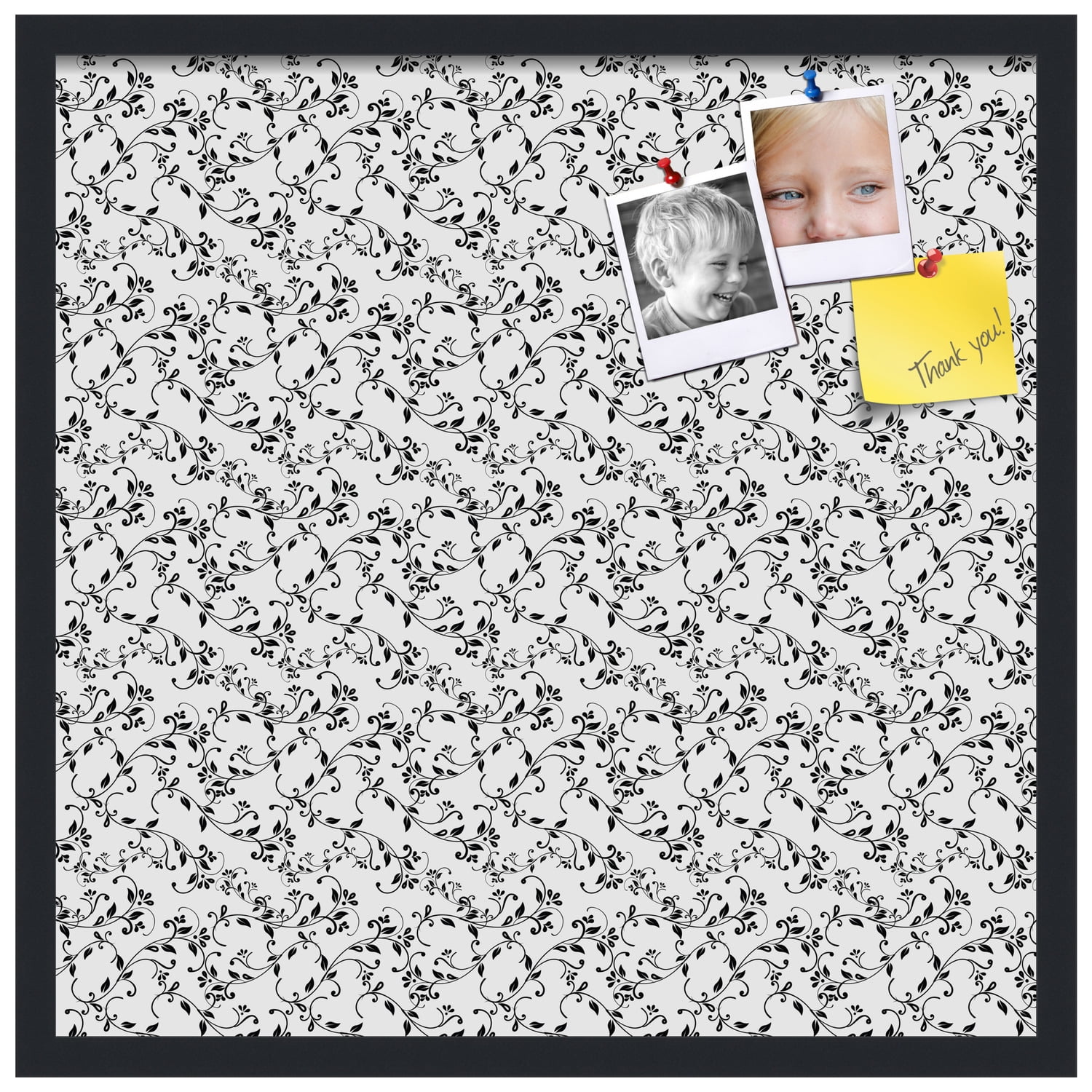 PinPix 24x24 Custom Cork Bulletin Board Black Flower - Leaf Poster Board Has a Fabric Style Canvas Finish, Framed in Black Flower - Leaf, by ArtToFrames (PinPix-178)