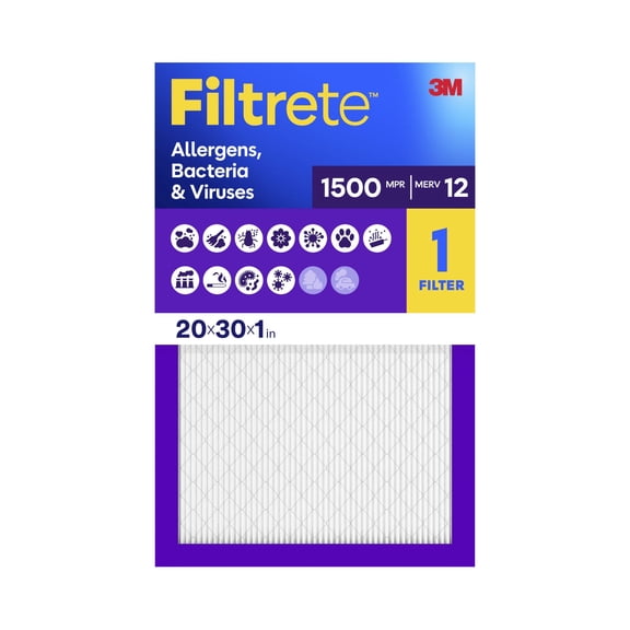 Filtrete 20x30x1 HVAC Furnace Air Filter, MPR 1500 MERV 12, Allergen, Bacteria and Virus, 1 Filter