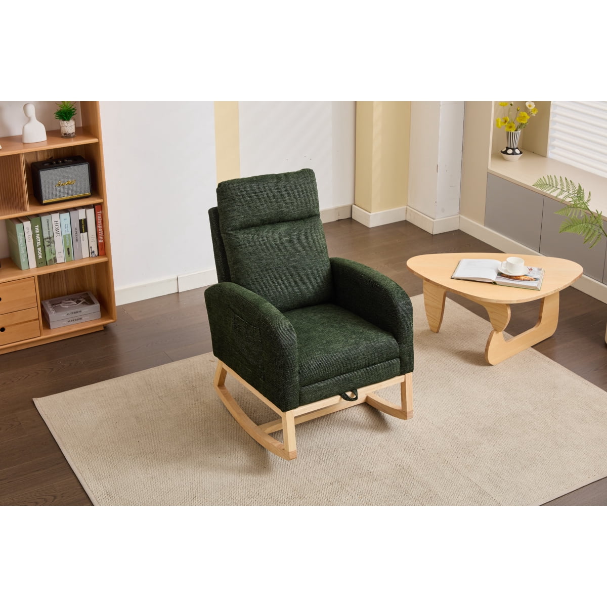 Modern Accent Rocking Chair Rocking Chair with Solid Wood Legs, Upholstered Nursery Glider Rocker, Comfy Armchair with Side Pocket, Living Room Lounge Arm Chair with High Backrest fabric BN.7336