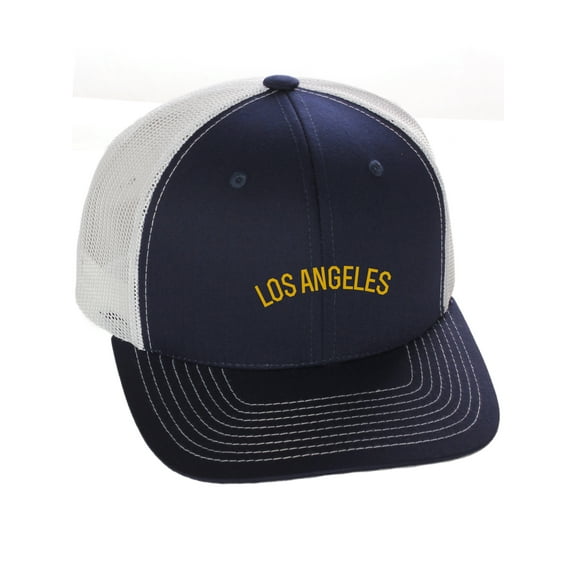 Daxton USA Cities Trucker Mesh Structured Hat Mid Profile Snapback Cap - Los Angeles Navy White Gold