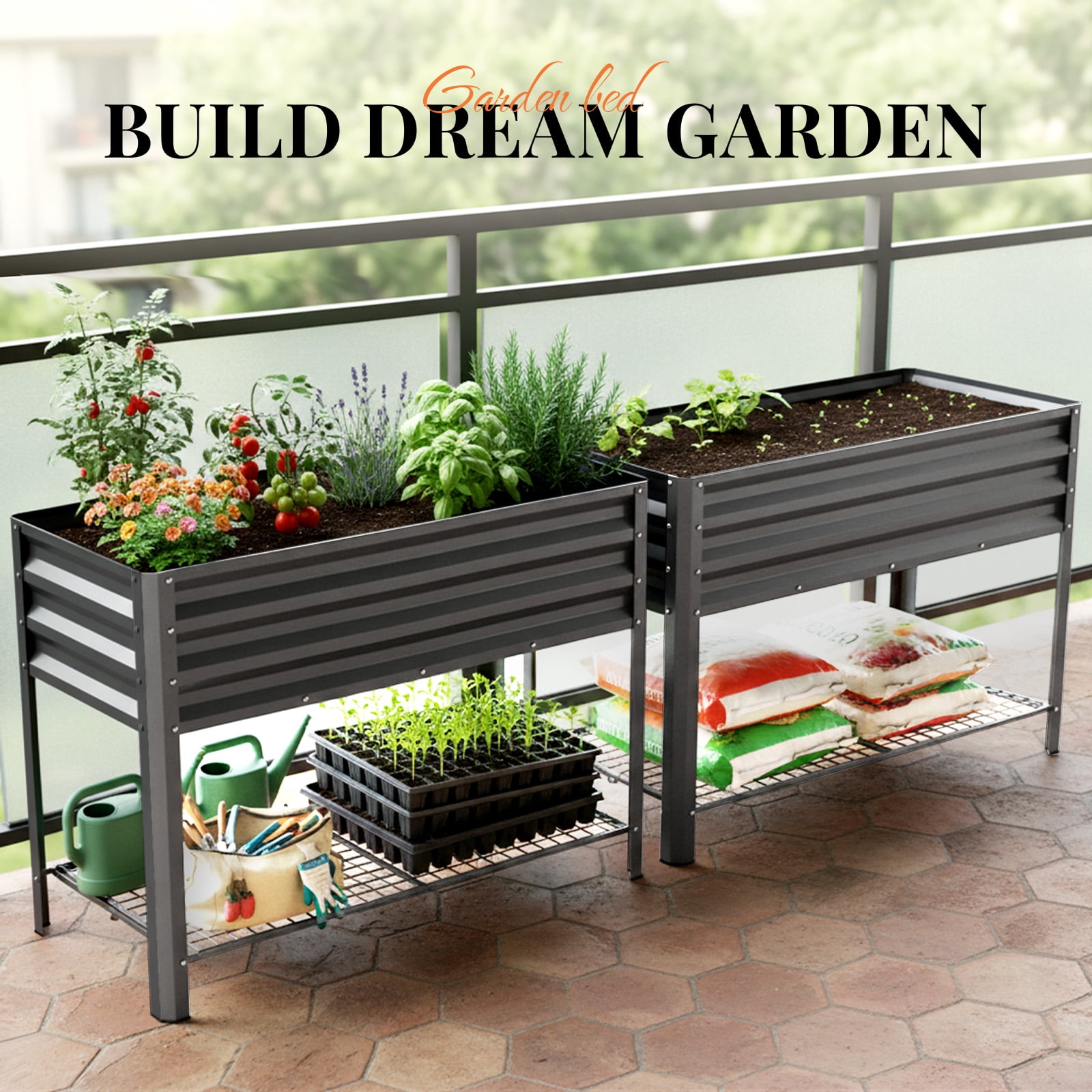 King Bird Galvanized Steel Raised Garden Bed Kit with Storage Shelf 47.2"x22.8"x31.5" Metal Planter Box, Elevated Garden Bed with Drainage Holes Outdoor for Vegetables Flowers Dark Gray