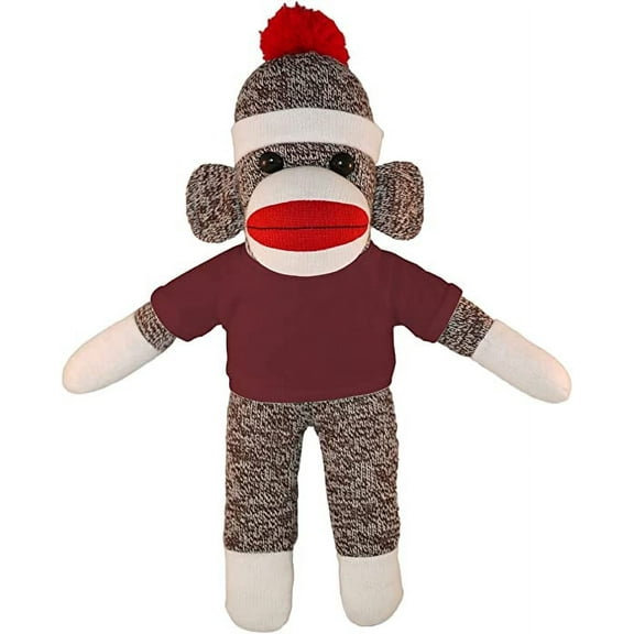 Made by Aliens Personalized Floppy Original Sock Monkey with Tee Stuffed Animal Plush Toy- Custom Text on Shirt- Perfect Gift for Valentine Day- Graduation Day- Birthday-10 inches (Maroon)