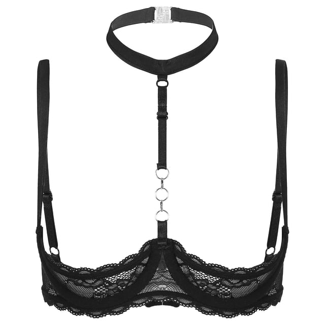 Womens 1/4 Cups Underwire Bra Halter Neck O Ring Sheer Lace Push Up Brassiere Lingerie Breast Open Bras Underwear