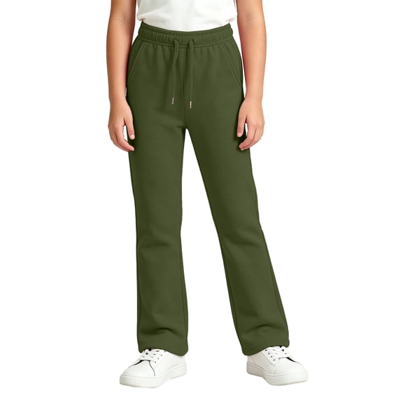 Unisex Flared Sweatpants for Kids, Solid Color Drawstring Bootcut Trousers With Side Pockets, Lightweight Fabric for Sports Casual Wear Army Green 160