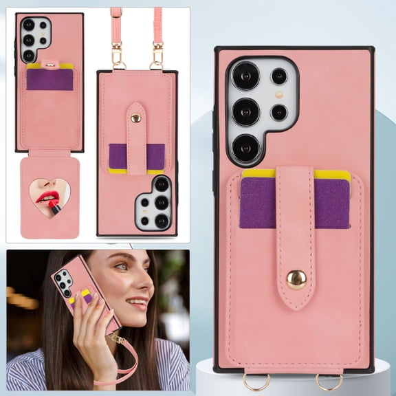 Crossbody Wallet Case for Samsung Galaxy S25 Ultra with Makeup Mirror, Wrist Strap, Flip RFID Blocking Card Holder, PU Leather Anti-fall Shockproof Rugged Phone Case Cover For Women Girls,Pink