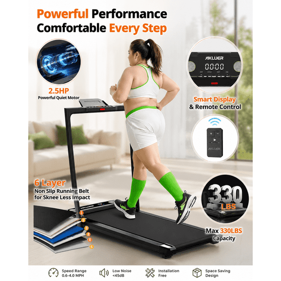 Akluer Exercise Treadmills Incline Walking Pad with 2.5HP Motor, Foldable Design, LED Display & Remote Control, 300lbs Max Capacity