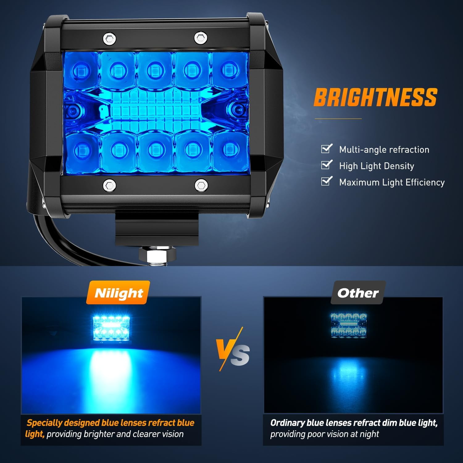 Nilight 3.8inch Led Light Pod Blue Triple Row 2Pcs 60W Flood Spot Combo Driving Fog Lights Fishing Hunting Emergency Safety Signal Deck Trailer Lights for UTV Pick-up Van Boat Tractor