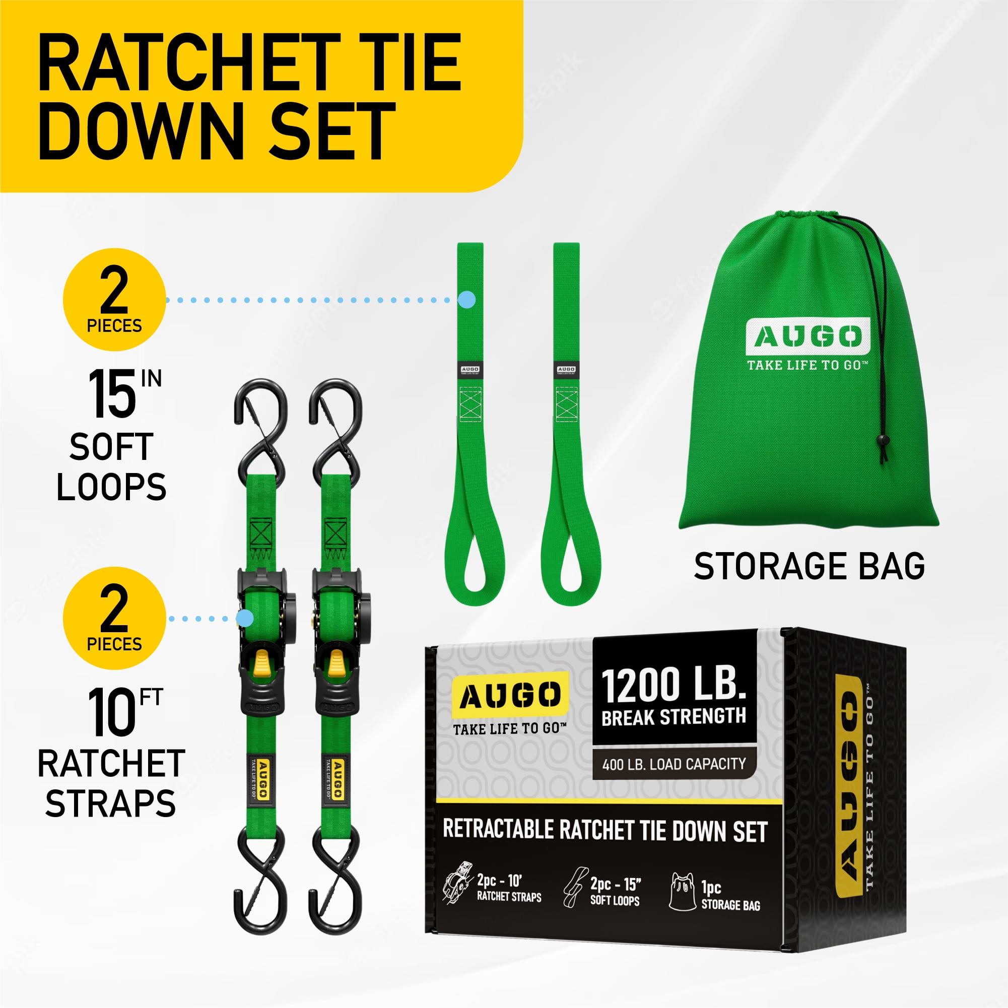 AUGO Retractable Ratchet Straps | 2 Heavy Duty Ratchet Straps Self Retractable Tie Down Straps with Soft Loops & Storage Bag for Motorcycle, Truck, Trailer, Cargo Van |1200 Lb Break Strength 1” x 10’