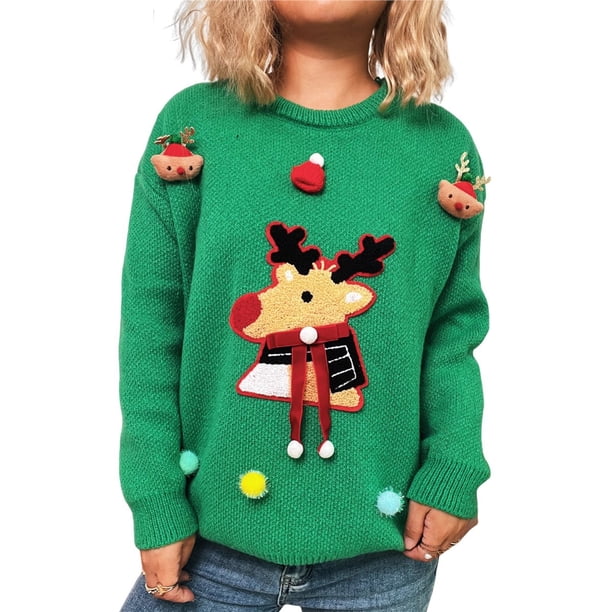 Suéteres Navideños Feos para Mujer, Suéteres Gráficos de Larga, Suéteres Casuales de Punto para Otoño e Invierno para Mujer Verde S