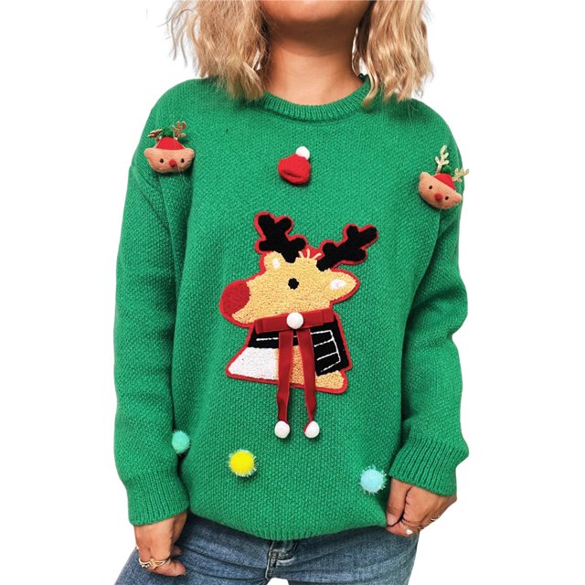 Suéteres Navideños Feos para Mujer, Suéteres Gráficos de Larga, Suéteres Casuales de Punto para Otoño e Invierno para Mujer Verde M
