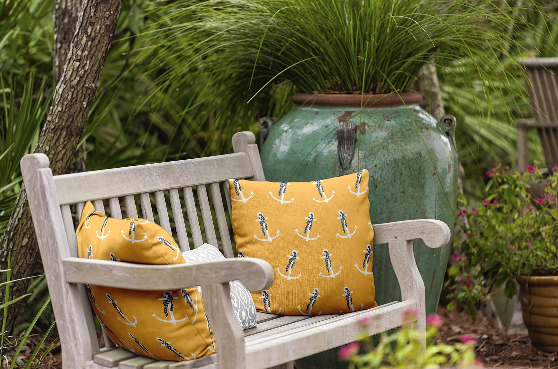 Simply Daisy 16" x 16" Anchor Whimsy Polyester Indoor/Outdoor Pillow, Yellow (1 count)