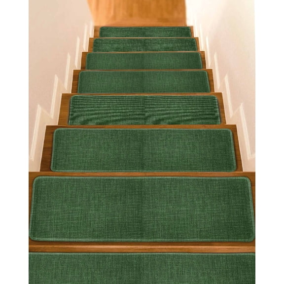 Dark Green Burlap Texture Non-Slip Stair Treads for Wooden Steps, 4 Pack-8x30in Carpet Stair Mats with Adhesive Backing, Noise-Reducing Step Covers for Indoor Stairs, Easy to Install & Residue-Free