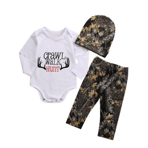 Mode Bebe Garcons Ramper Chasse a Pied Manches Longues Tops Romper Pantalons Chapeau Tenues Ensemble Vetements d Automne