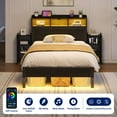 thumbnail image 3 of Greenstell Twin Bed Frame with Storage Cabinet and Headboard, Wood Bed with LED Light, Bedframe with Charging Station, Black, 3 of 9
