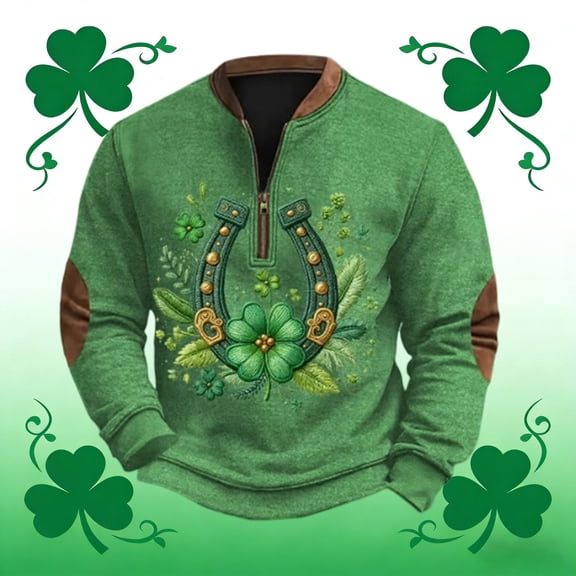 Men's St. Patrick's Day Textured Shamrock Graphic Retro Print Zip Collar Sweatshirt St Patricks Day Shirt Green L
