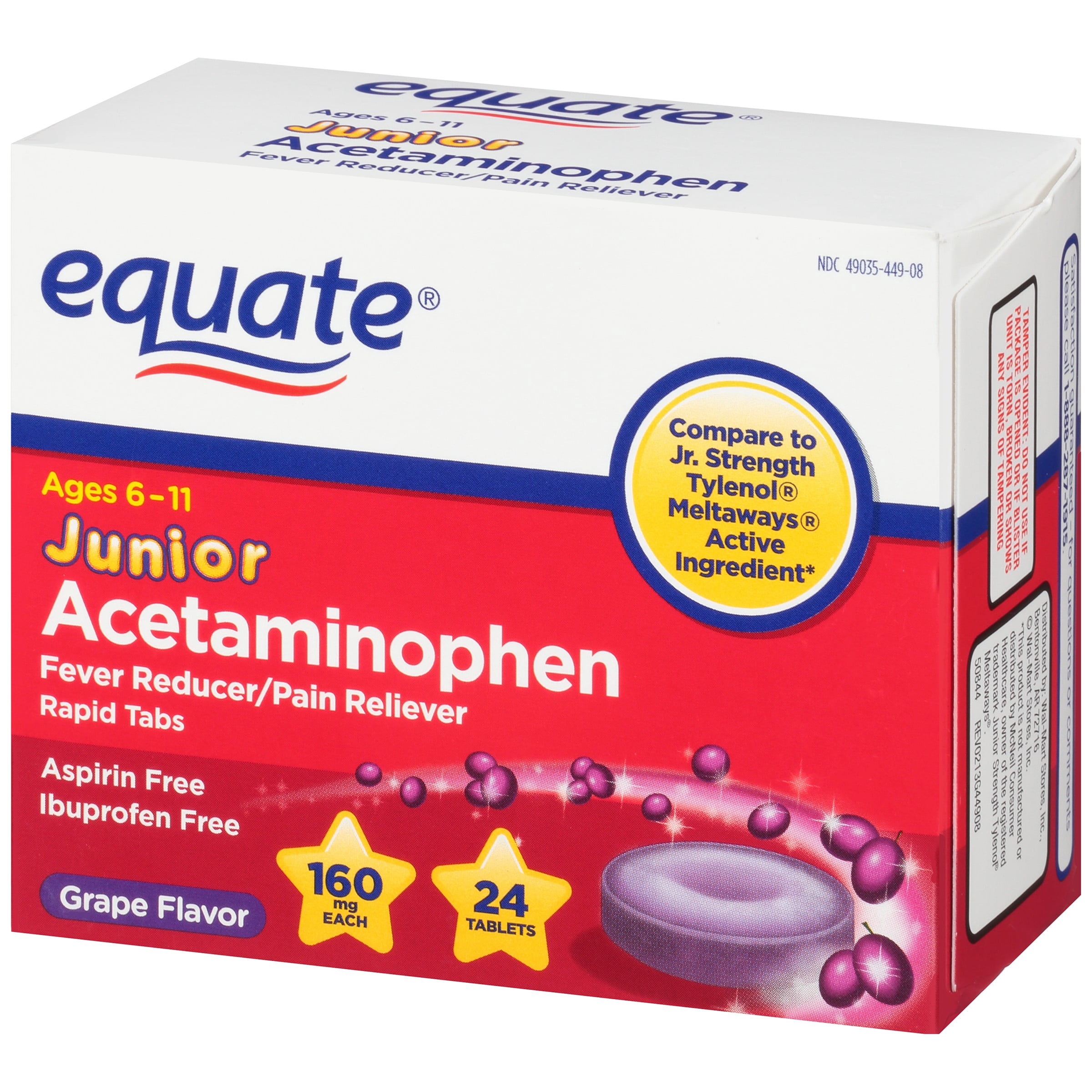 Equate Junior Strength Acetaminophen Grape Flavor Tablets, 160 mg, 24 Ct