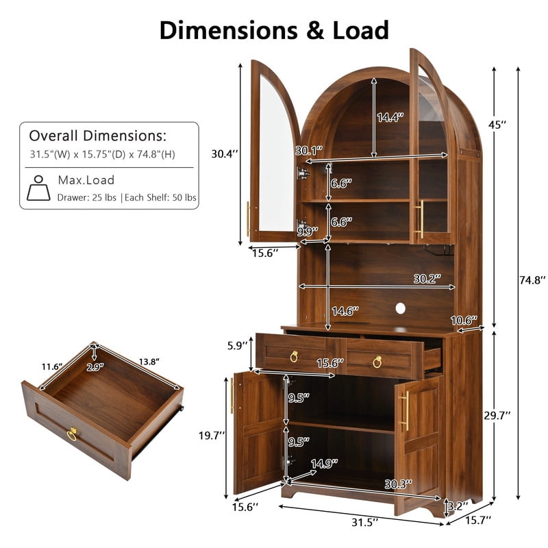 Arched Kitchen Pantry Cabinet with LED Light & Charging Station, Farmhouse Storage Hutch with 2 Drawers, Adjustable Shelves, Glass Doors, Coffee Bar Cabinet for Kitchen, Dining Room