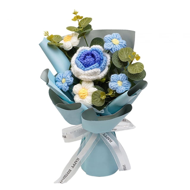 Ramo de flores de ganchillo, flor de punto, decoración del hogar y la Oficina, regalo del Día de la madre, regalo del Día de San Valentín para anivers Azul