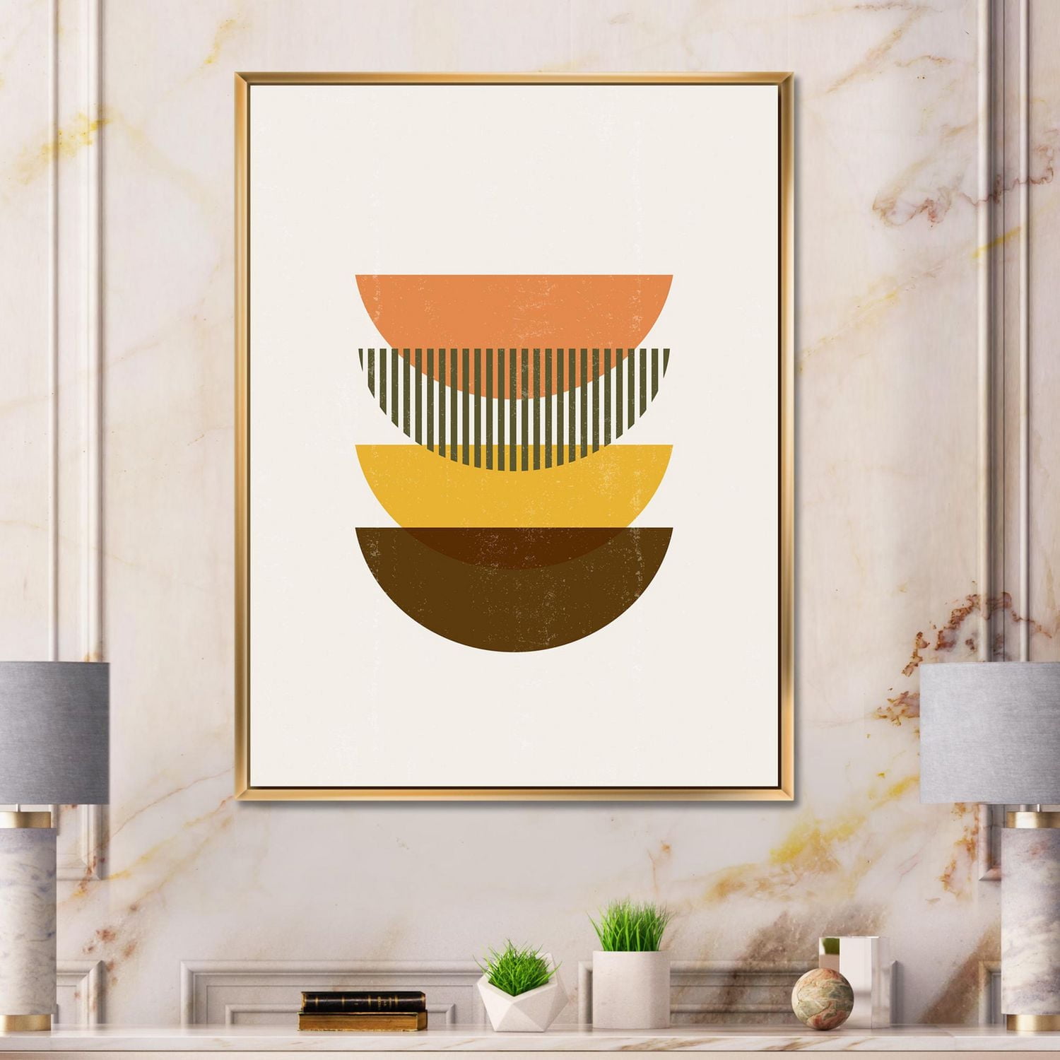 Designart Abstract Geometric Half Moons In Earth Tones FLOAT FRAME WALL ART