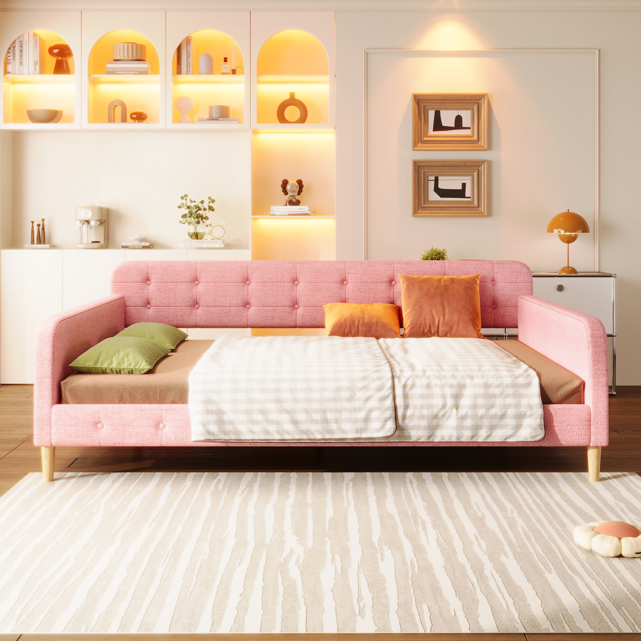 Noble House Havina Queen Upholstered Daybed, Button Tufted Linen Sofa Guest Bed with Slat Support Frame, Pink