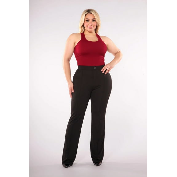 Plus Size High Waist Flare Pants With Front Pleating Button Waist Detail - Black