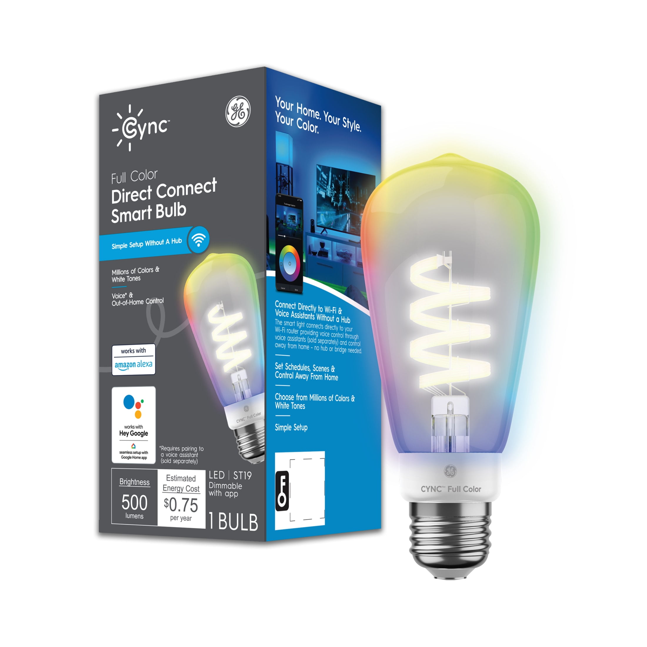 (4 pack) GE Cync ST19 Smart LED Light Bulb, Color Changing WiFi Lights, 60 Watts, Medium Base, 1pk