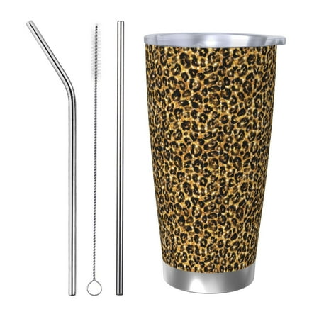 

Uemuo Gold Glitter Leopard Print Travel Coffee Mug 20oz Double-walled Car Cup Stainless Steel Insulated Tumbler Leak-proof Travel Cup Reusable Straw Car Cup-Straw Three-piece Set