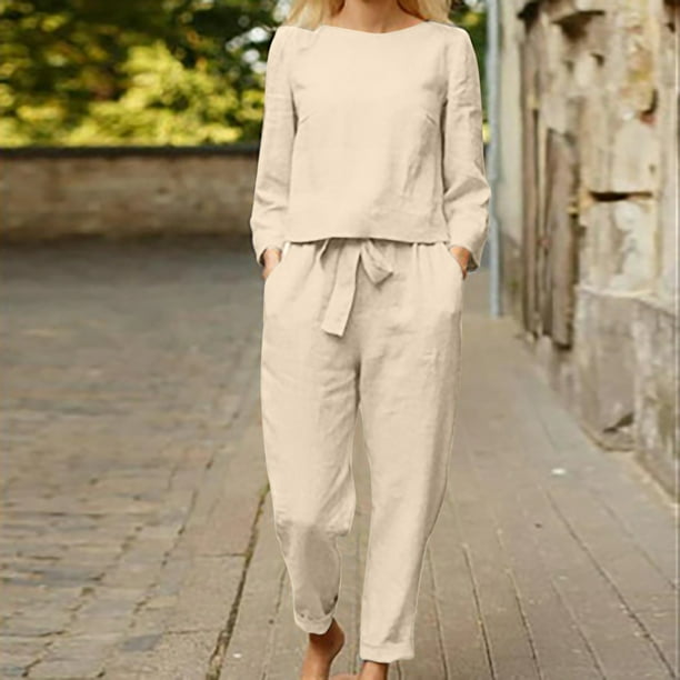 ICHUANYI Clearance 2PC Fashion Woman Solid Long Sleeve Blouse +Loose Pants Sets(Beige, XL) ICHUANYI WER2023080812099