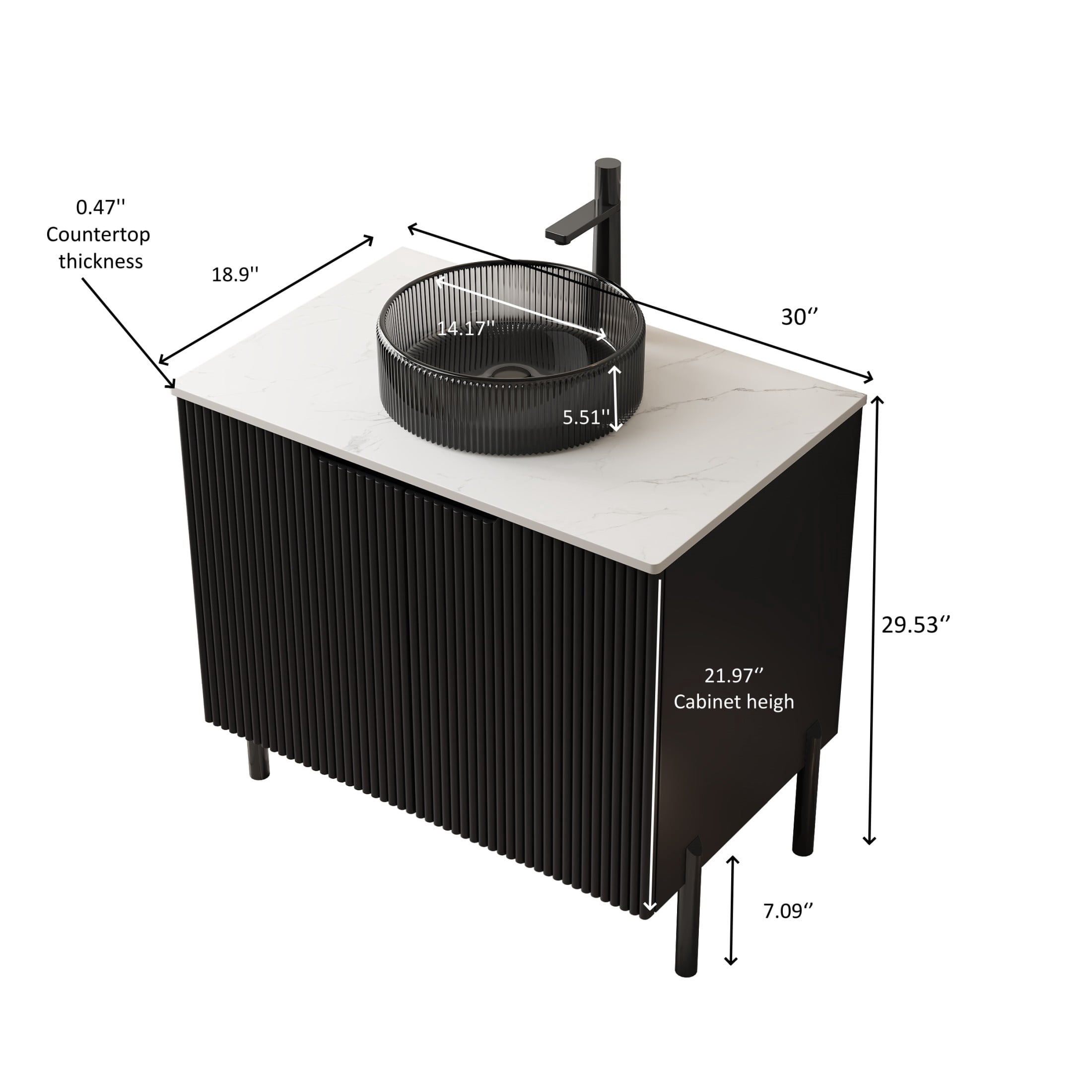 Noble House TURIO 30" Bathroom Vanity with Sintered Stone Countertop, Storage Cabinet, Black Glass Round Basin, Black