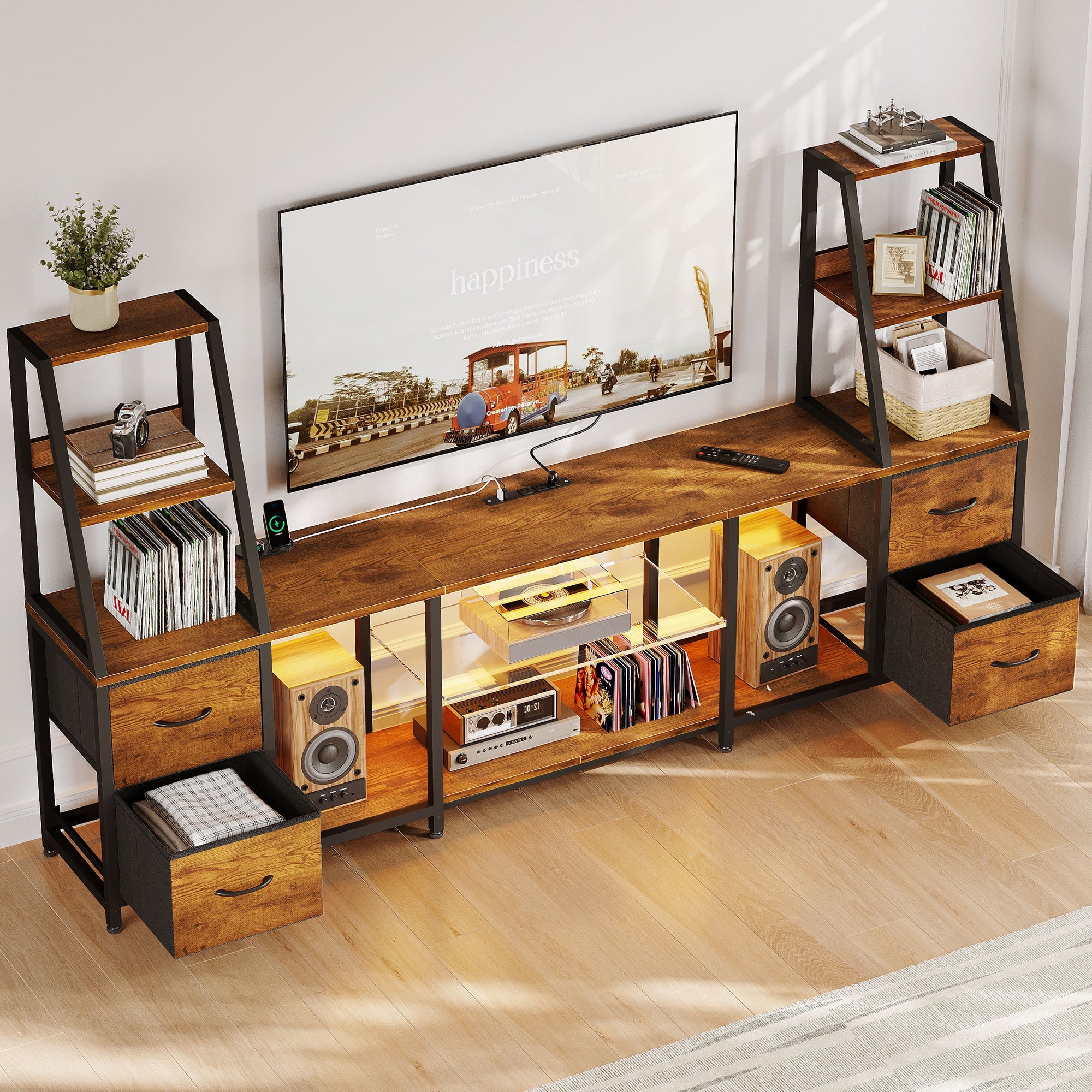 Casacomoda TV Stand for up to 65 Inch TV, 87" Entertainment Center with Power Outlets & LED Lights, Modern Media Console with Glass Shelf & 4 Fabric Drawers for Living Room Bedroom, Vintage