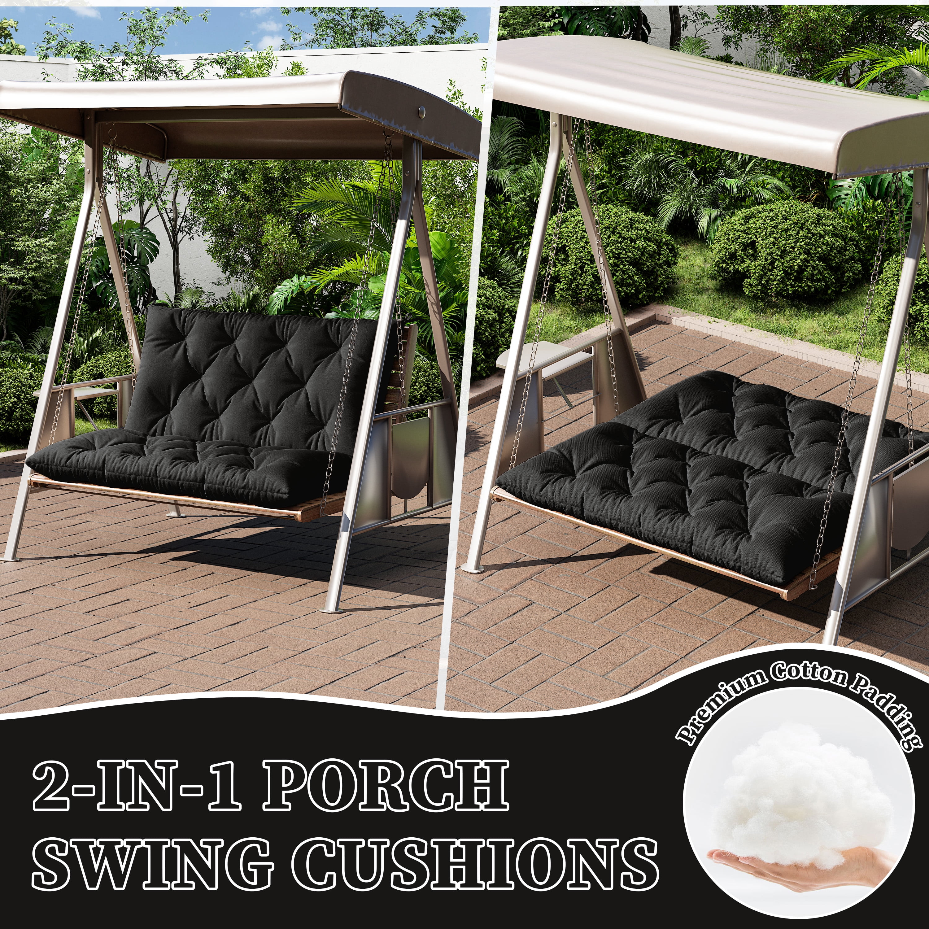 Snubbull Swing Replacement Cushion, Outside Bench Cushion with Backrest, 2 Seater Cushion with 6 Ties for Outdoor Furniture, 40 x 40 x 5 inches Porch SwingCushion Garden Bench, Black