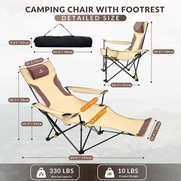 Reclining Camping Chair with Removable Footrest, 4-Position Adjustable Lightweight Folding Lounge Beach Chair with Cotton Cushion, Cup Holder & Storage Pouch for Outdoor(330lbs Capacity), Khaki