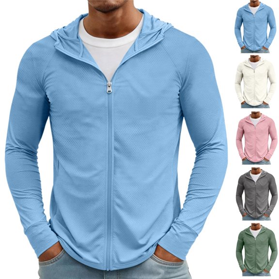 Mens Light Jackets Sun Protection Lightweight Full Zip Hoodie Jacket Mesh Cooling Long Sleeve Fishing Hiking Shirt