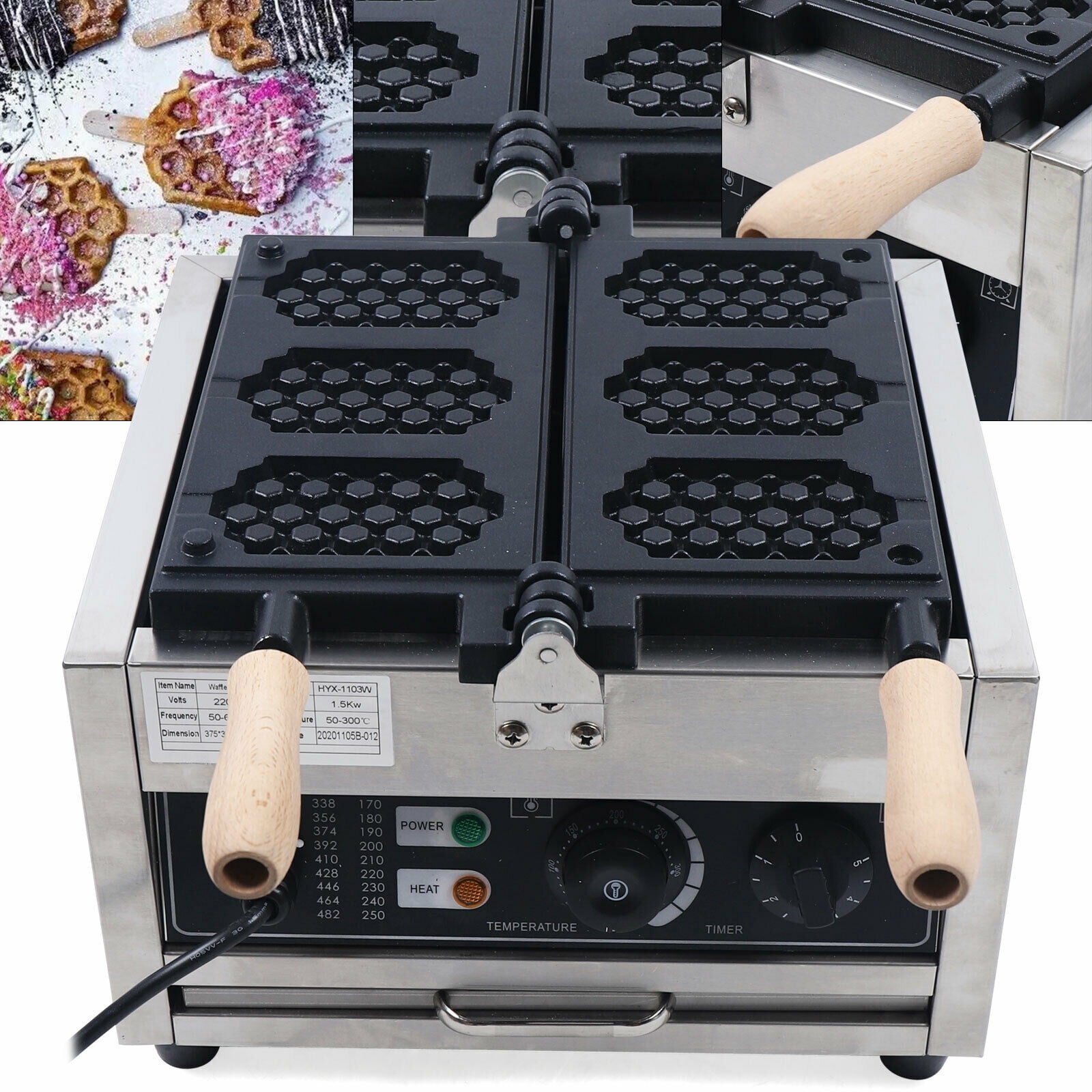 1500W 3Pcs Commercial Electric Nonstick Honeycomb Waffle Maker Machine