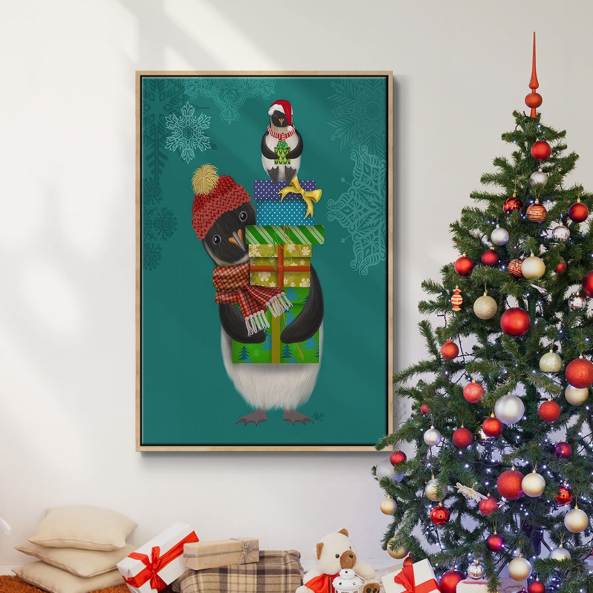 Christmas Penguin Gifts - Framed Gallery Wrapped Holiday Canvas - 27 x 41 - Natural Wood Frame