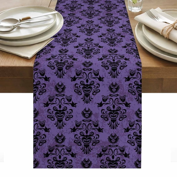 Halloween Table Runner - 120 Inch Long, Kitchen Dining Table Runner Dresser Scarves, Purple Black Haunted-House Fall Seasonal Farmhouse Decor for Coffee Tables Wedding Party Banquet