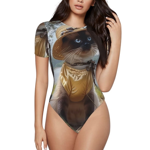 Balery Cat In Sun Hat Body de cuello redondo de manga corta para mujer Tops de manga corta Tops básicos-Small