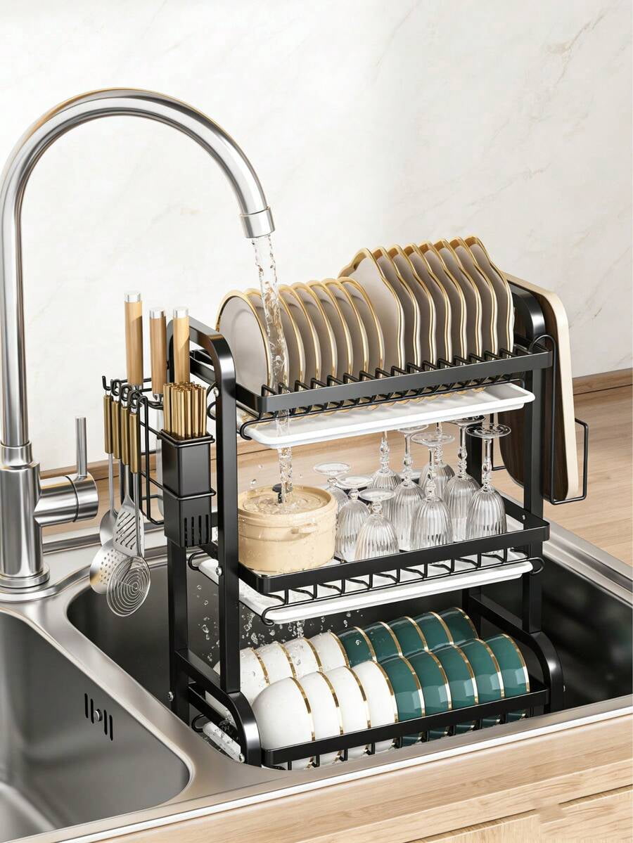 3-Tier Over Sink Heavy Duty Stainless Steel Dish Drying Rack, Rustproof Extra-Large Capacity Non-Slip Kitchen Counter Organizer, Removable Drainboard With Utensil Knife Cup Cutting Board Holder