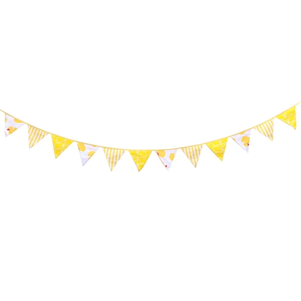 KAKOWELY Banderines de 3M con rayas amarillas, guirnalda de banderines de pato, 12 banderines triangulares, decoración para bodas, cumpleaños, baby showers y graduaciones.