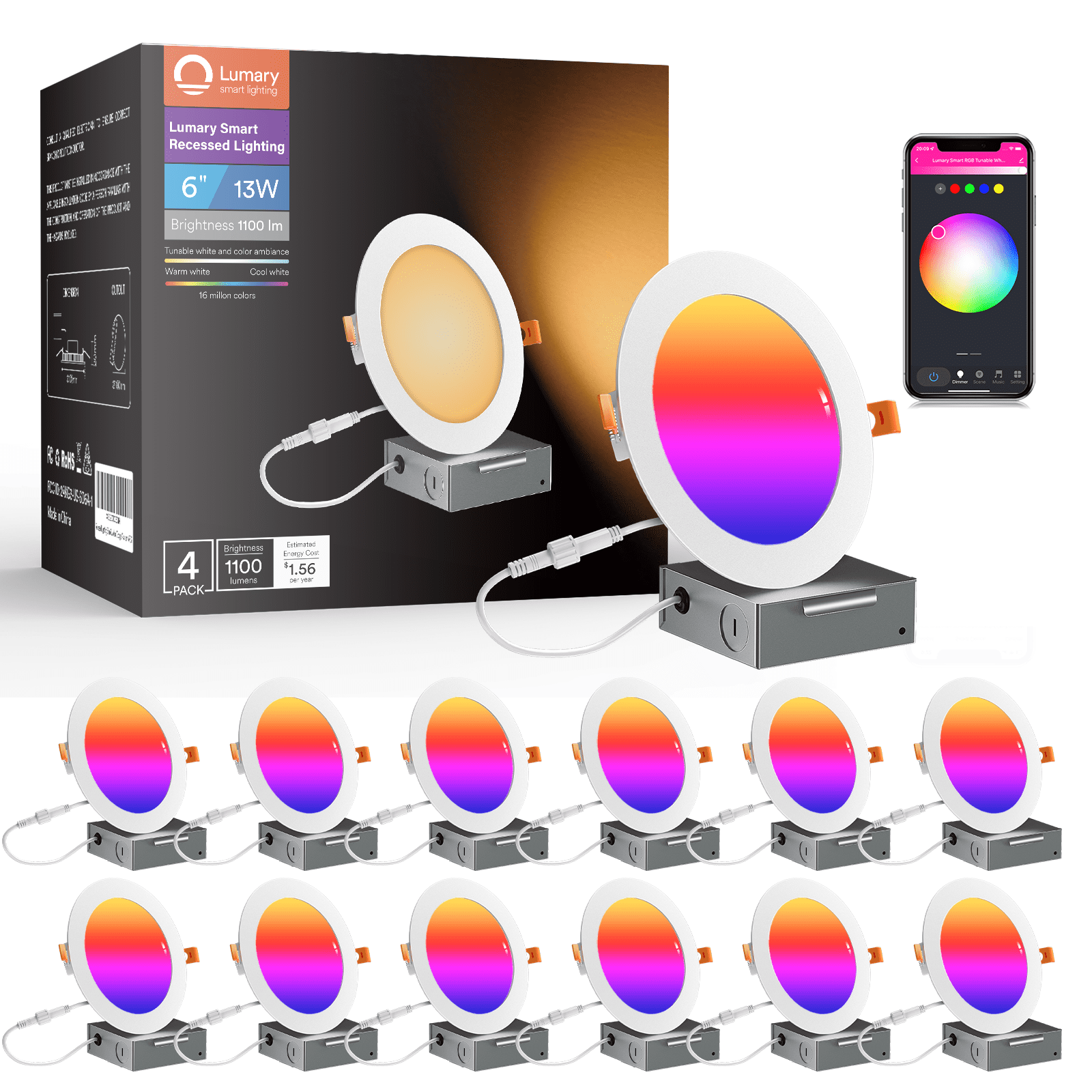 Lumary Smart Recessed Lighting WiFi 6 inch LED Recessed Canless