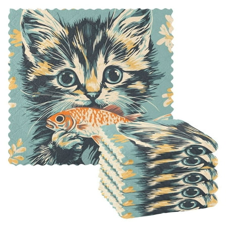 

Kitchen Towels，Cute Three-flowered Cat11 ×11 One Side Printed Polyester Fleece Soft And Skin-friendly Quality Washcloths.