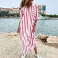 thumbnail image 5 of Eawtki Women's Lapel Collar Three Quarter Roll Sleeve Maxi Striped Linen Shirt Dress Half Front Zip Placket Side Patch Pockets Loose Vacation Cover Up Dress, 5 of 7