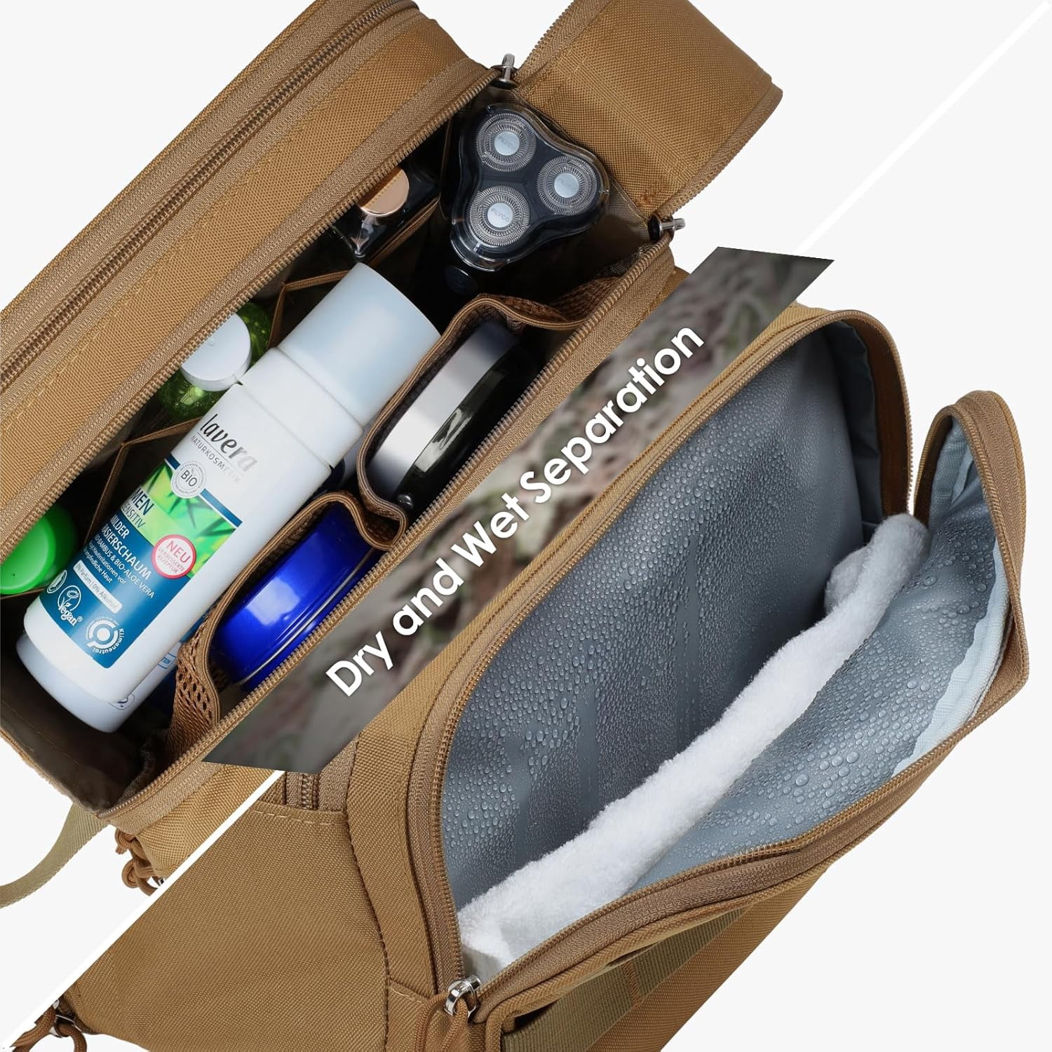 Toiletry Bag for Men - Extra Large Dry Wet Separate Travel Toiletry Bag, Tactical Molle Dopp Kit for Men, Water-Resistant Shaving Bag for Travel Camping Gym, Brown