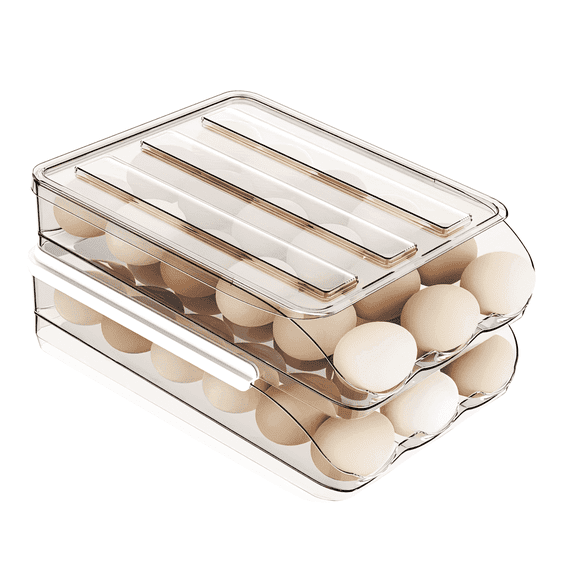 GPED Fridge Egg Holder, 2 Layer Rolling Egg Cartons for Refrigerator, Refrigerator Egg Organizer with Lid, Clear Egg Dispenser, Egg Tray & Storage Container