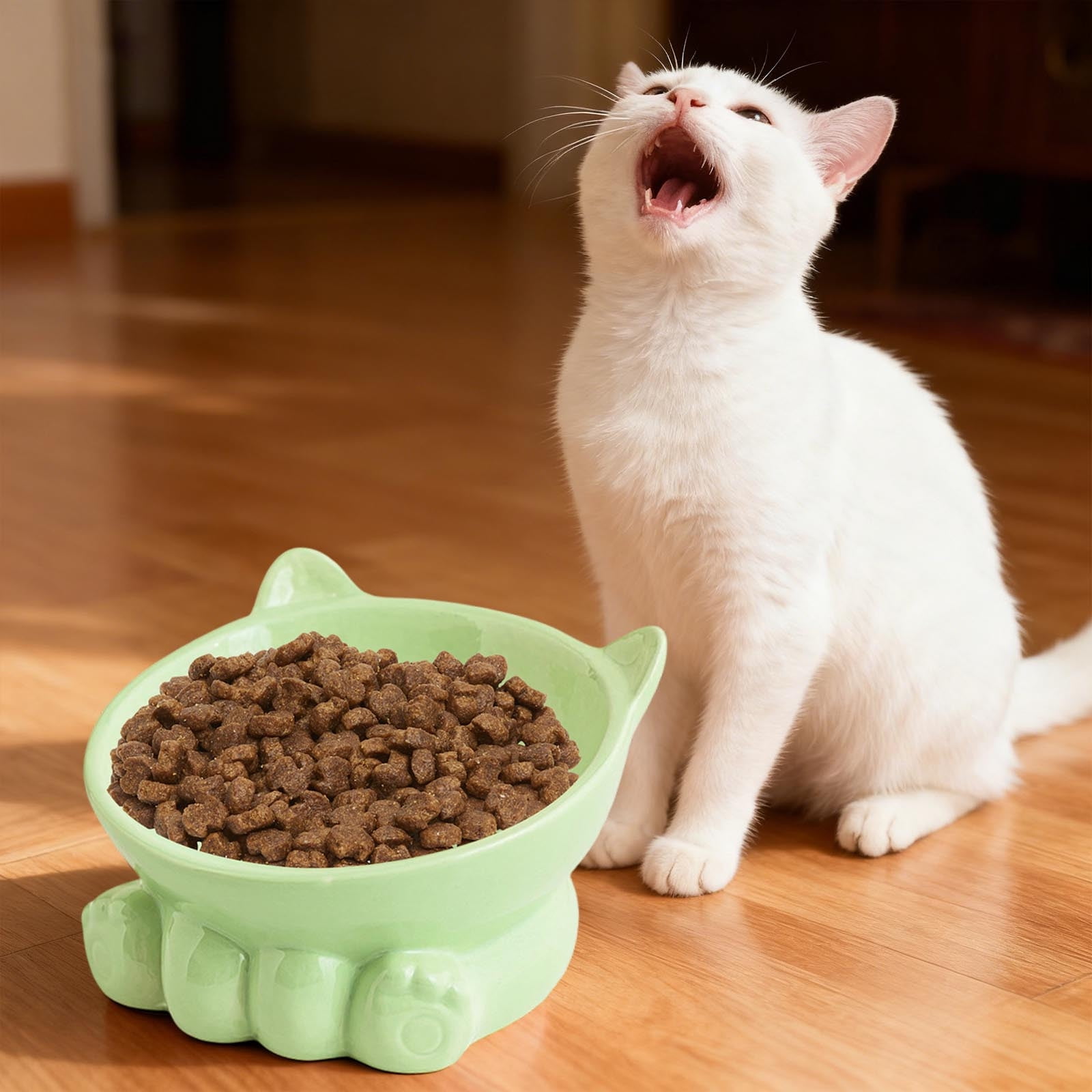 Cute Anti-Choke Cat Bowl with Cervical Spine Protection, Non-Spill and Non-Tip Design, Prevents Black Chin, Ceramic Material